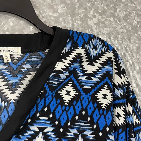 Monteau Blue & Black Aztec Print Lightweight Cardigan - Size Medium - Kimono Top - Picture 2 of 6